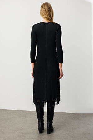 Ekol Kadın Kelebek Broşlu Püsküllü Elbise 4919 Siyah