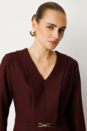 Ekol Kadın Beli Metal Aksesuarlı Midi Elbise 4033 Bordo