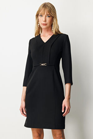 Ekol Kadın Beli Metal Aksesuarlı Midi Elbise 4033 Siyah