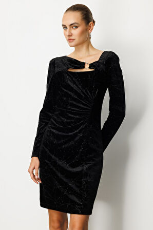 Ekol Kadın Önü Büzgülü Kadife Elbise 4035 Siyah