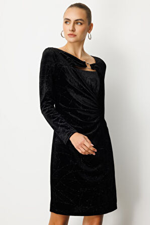 Ekol Kadın Önü Büzgülü Kadife Elbise 4035 Siyah