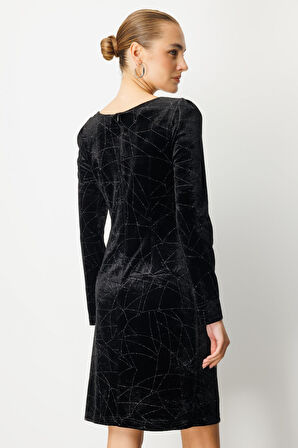 Ekol Kadın Önü Büzgülü Kadife Elbise 4035 Siyah