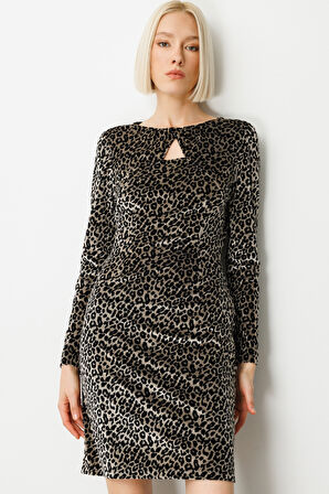 Ekol Kadın Leopar Desenli Mini Kadife Elbise 4037 Siyah