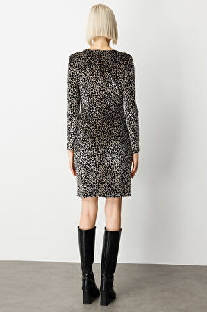 Ekol Kadın Leopar Desenli Mini Kadife Elbise 4037 Siyah