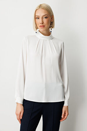 Ekol Kadın Önü Pileli Dantel Detaylı Bluz 3059 Ekru