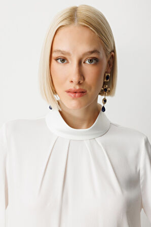 Ekol Kadın Önü Pileli Dantel Detaylı Bluz 3059 Ekru