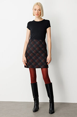 Ekol Kadın Kare Desenli Mini Etek 2043 Bordo