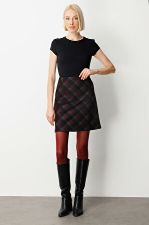 Ekol Kadın Kare Desenli Mini Etek 2043 Bordo