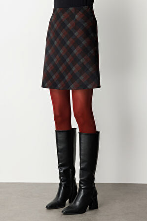 Ekol Kadın Kare Desenli Mini Etek 2043 Bordo