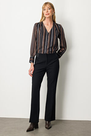 Ekol Kadın Beli Kalın Lastikli İspanyol Paça Pantolon 1105 Siyah