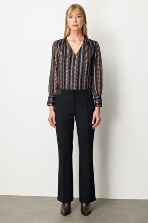 Ekol Kadın Beli Kalın Lastikli İspanyol Paça Pantolon 1105 Siyah