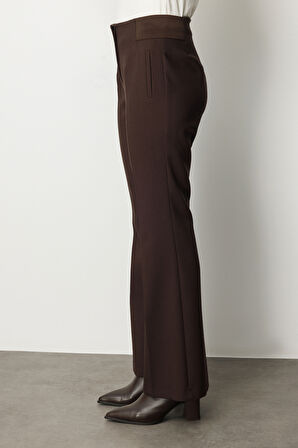 Ekol Kadın Beli Kalın Lastikli İspanyol Paça Pantolon 1105 Kahverengi