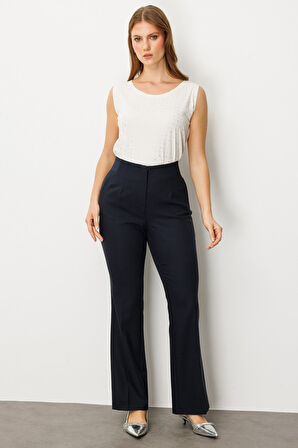 Ekol Kadın Büyük Beden Beli Kalın Lastikli İspanyol Paça Pantolon 1107 Lacivert