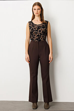 Ekol Kadın Büyük Beden Beli Kalın Lastikli İspanyol Paça Pantolon 1107 Kahverengi