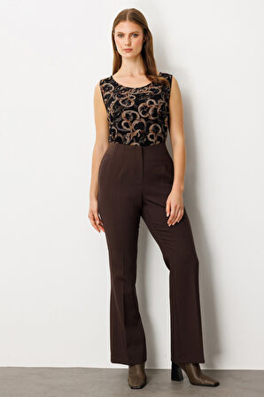 Ekol Kadın Büyük Beden Beli Kalın Lastikli İspanyol Paça Pantolon 1107 Kahverengi