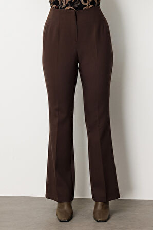 Ekol Kadın Büyük Beden Beli Kalın Lastikli İspanyol Paça Pantolon 1107 Kahverengi