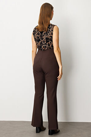 Ekol Kadın Büyük Beden Beli Kalın Lastikli İspanyol Paça Pantolon 1107 Kahverengi