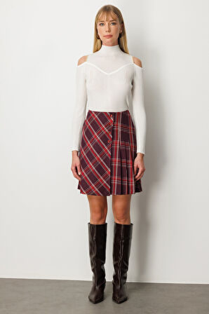 Ekol Kadın Pilise Detaylı Mini Etek 2049 Bordo