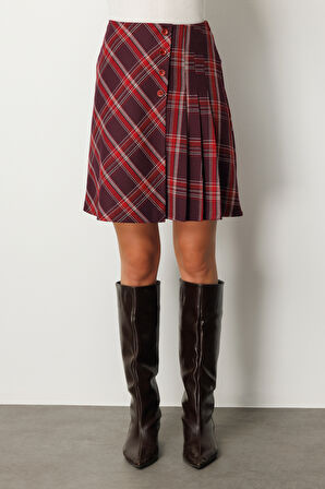 Ekol Kadın Pilise Detaylı Mini Etek 2049 Bordo