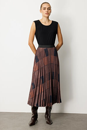 Ekol Kadın Desenli Piliseli Etek 2045 Kahverengi