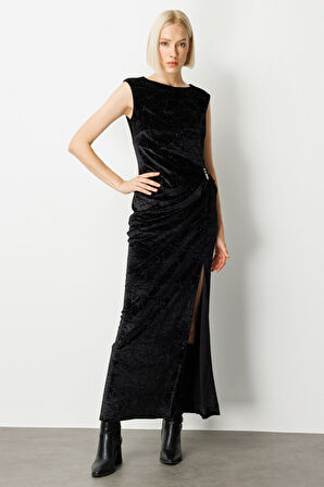 Ekol Kadın Metal Aksesuarlı Simli Kadife Elbise 4085 Siyah