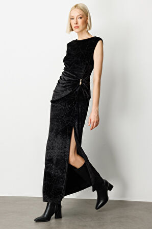 Ekol Kadın Metal Aksesuarlı Simli Kadife Elbise 4085 Siyah