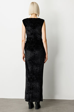 Ekol Kadın Metal Aksesuarlı Simli Kadife Elbise 4085 Siyah