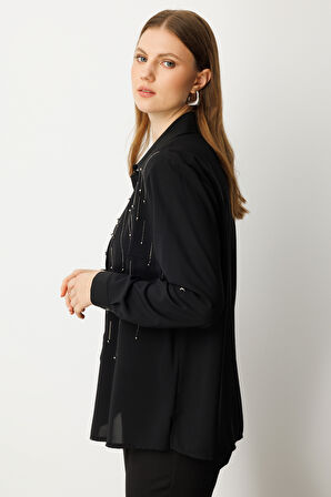 Ekol Kadın Büyük Beden Önü Taşlı Boncuklu Bluz 3983 Siyah