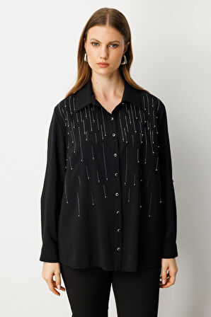 Ekol Kadın Büyük Beden Önü Taşlı Boncuklu Bluz 3983 Siyah