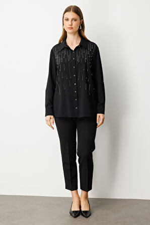 Ekol Kadın Büyük Beden Önü Taşlı Boncuklu Bluz 3983 Siyah