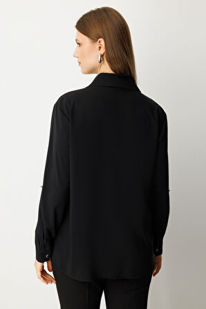 Ekol Kadın Büyük Beden Önü Taşlı Boncuklu Bluz 3983 Siyah