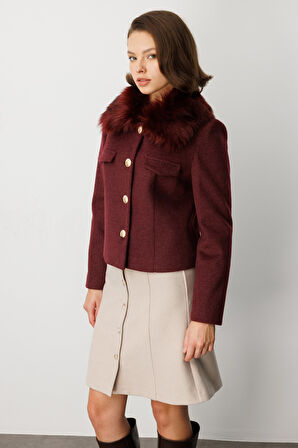 Ekol Kadın Yakası Kürklü Kısa Mont 6121 Bordo