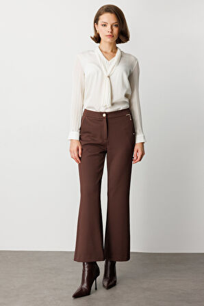 Ekol Kadın Zincir Aksesuarlı Bol Paça Pantolon 1021 Kahverengi