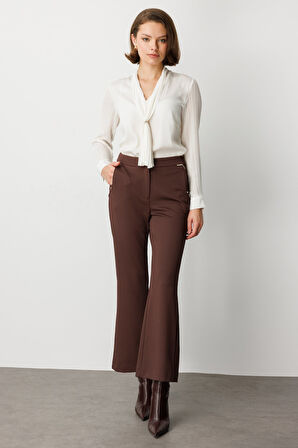 Ekol Kadın Zincir Aksesuarlı Bol Paça Pantolon 1021 Kahverengi