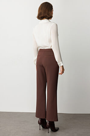 Ekol Kadın Zincir Aksesuarlı Bol Paça Pantolon 1021 Kahverengi