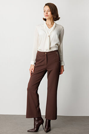 Ekol Kadın Zincir Aksesuarlı Bol Paça Pantolon 1021 Kahverengi