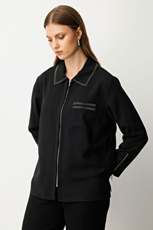 Ekol Kadın Büyük Beden Fermuarlı Taş İşlemeli Bluz 3981 Siyah