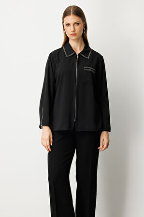 Ekol Kadın Büyük Beden Fermuarlı Taş İşlemeli Bluz 3981 Siyah