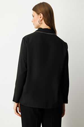 Ekol Kadın Büyük Beden Fermuarlı Taş İşlemeli Bluz 3981 Siyah