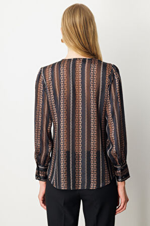 Ekol Kadın Süs Düğmeli Desenli Bluz 3063 Taba