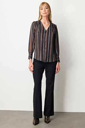 Ekol Kadın Süs Düğmeli Desenli Bluz 3063 Taba