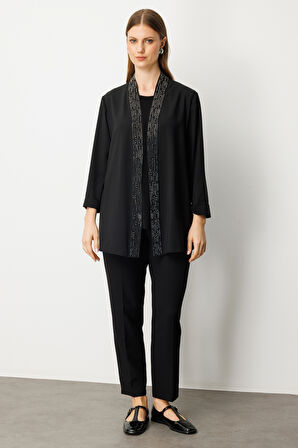 Ekol Kadın Büyük Beden İç Atletli Yakası Taş İşlemeli Ceket 5981 Siyah