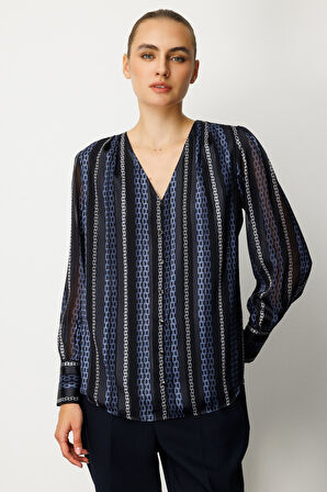 Ekol Kadın Süs Düğmeli Desenli Bluz 3063 Lacivert