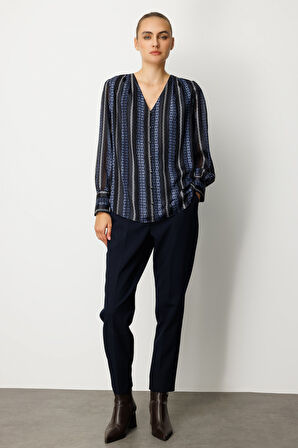 Ekol Kadın Süs Düğmeli Desenli Bluz 3063 Lacivert