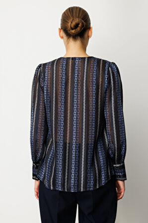 Ekol Kadın Süs Düğmeli Desenli Bluz 3063 Lacivert