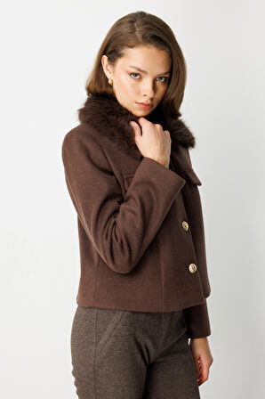 Ekol Kadın Yakası Kürklü Kısa Mont 6121 Kahverengi