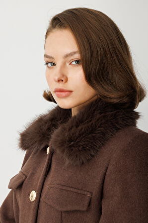 Ekol Kadın Yakası Kürklü Kısa Mont 6121 Kahverengi