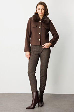 Ekol Kadın Yakası Kürklü Kısa Mont 6121 Kahverengi