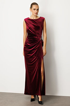 Ekol Kadın Beli Büzgülü Maxi Kadife Elbise 4141 Bordo