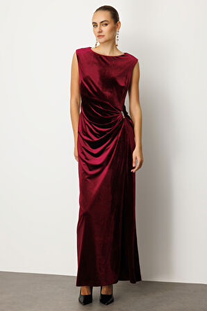 Ekol Kadın Beli Büzgülü Maxi Kadife Elbise 4141 Bordo